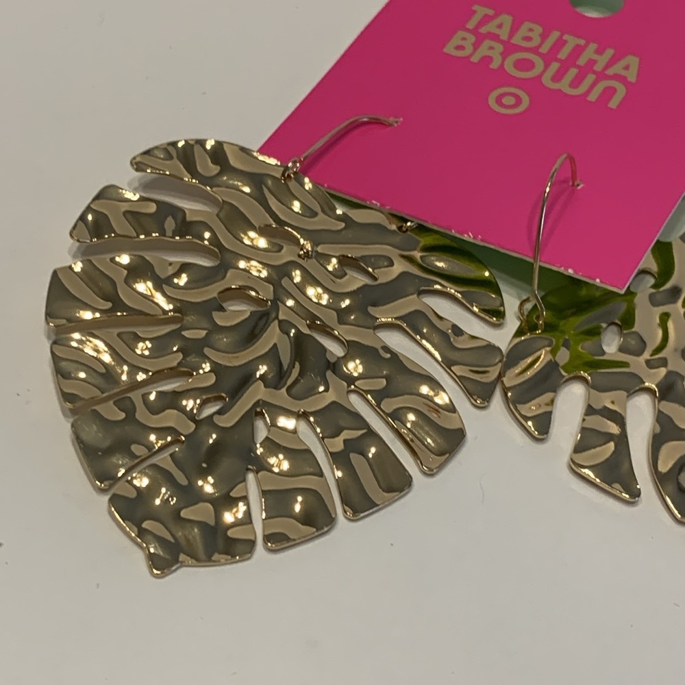 Tabitha Brown Limited Edition Gold Tone Metallic Palm Leaf Drop Earrings - Picture 6 of 11